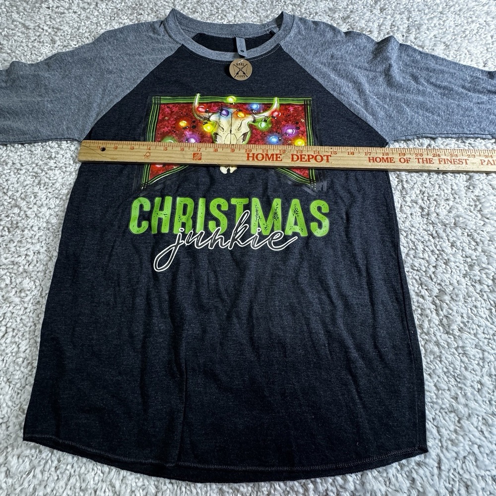 Christmas Junkie Women's Small T-Shirt Baseball Style Western New - Picture 4 of 5